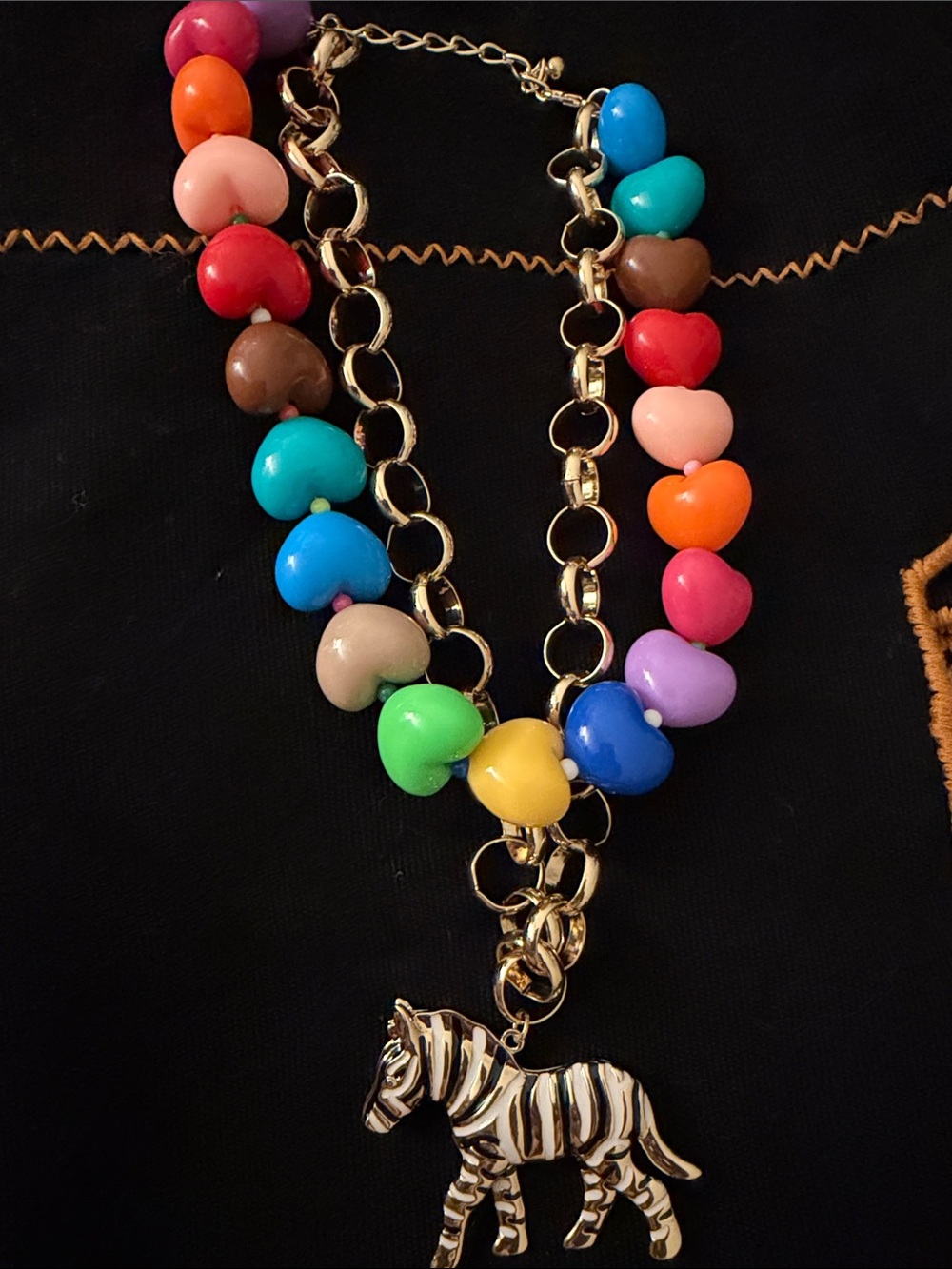 Colorful Heart Bead Necklace with Zebra Charm